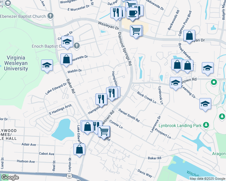 map of restaurants, bars, coffee shops, grocery stores, and more near 5604 Bentley Court in Virginia Beach