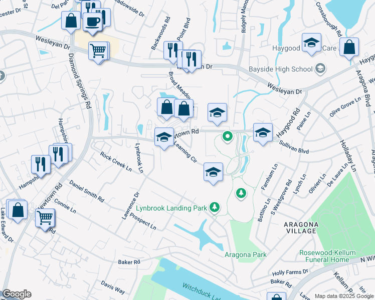 map of restaurants, bars, coffee shops, grocery stores, and more near 5434 Woburn Lane in Virginia Beach