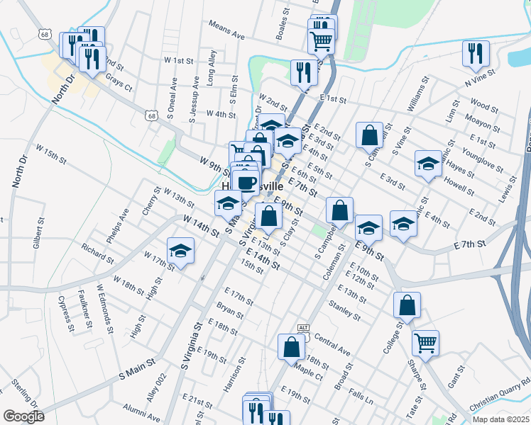 map of restaurants, bars, coffee shops, grocery stores, and more near 1001-1099 Liberty Street in Hopkinsville