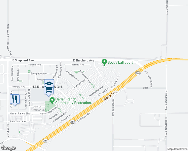 map of restaurants, bars, coffee shops, grocery stores, and more near 4158 Trenton Avenue in Clovis