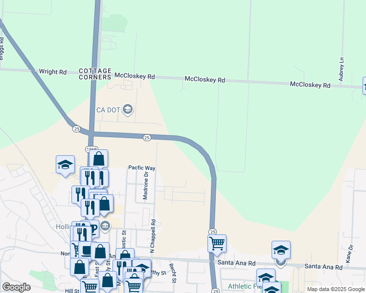map of restaurants, bars, coffee shops, grocery stores, and more near 421 North Chappell Road in Hollister