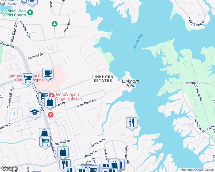 map of restaurants, bars, coffee shops, grocery stores, and more near 1548 Quail Point Road in Virginia Beach