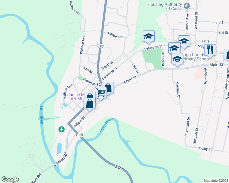 map of restaurants, bars, coffee shops, grocery stores, and more near 82 Main St in Cadiz