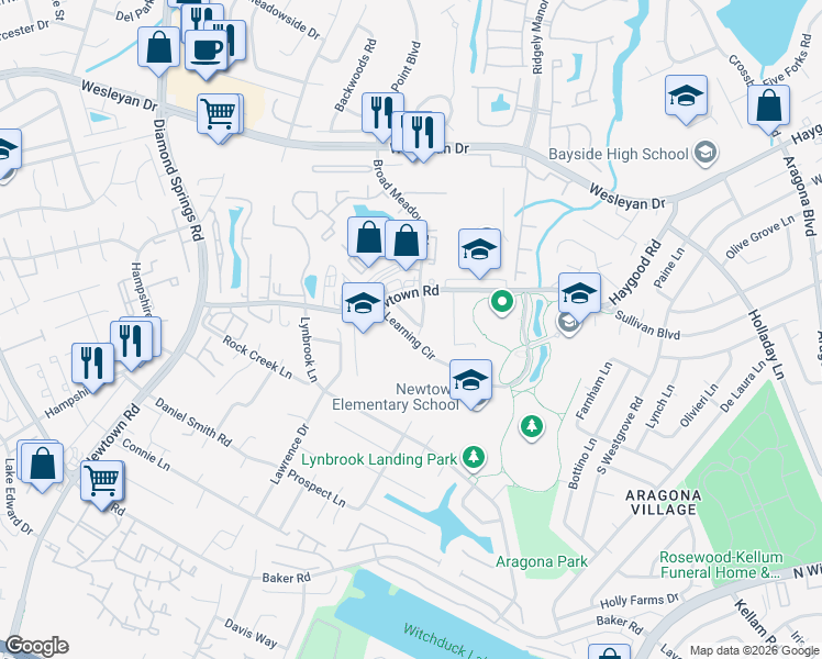 map of restaurants, bars, coffee shops, grocery stores, and more near 5432 Woburn Lane in Virginia Beach