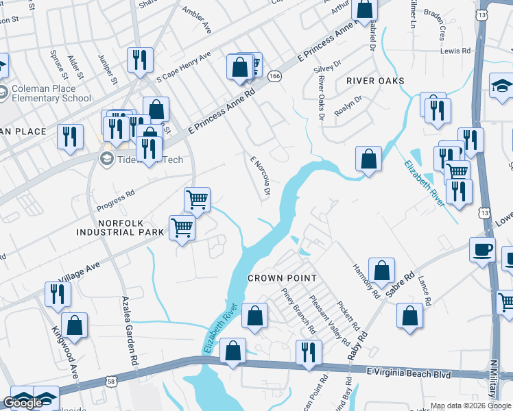 map of restaurants, bars, coffee shops, grocery stores, and more near 4845 Brookside Court in Norfolk