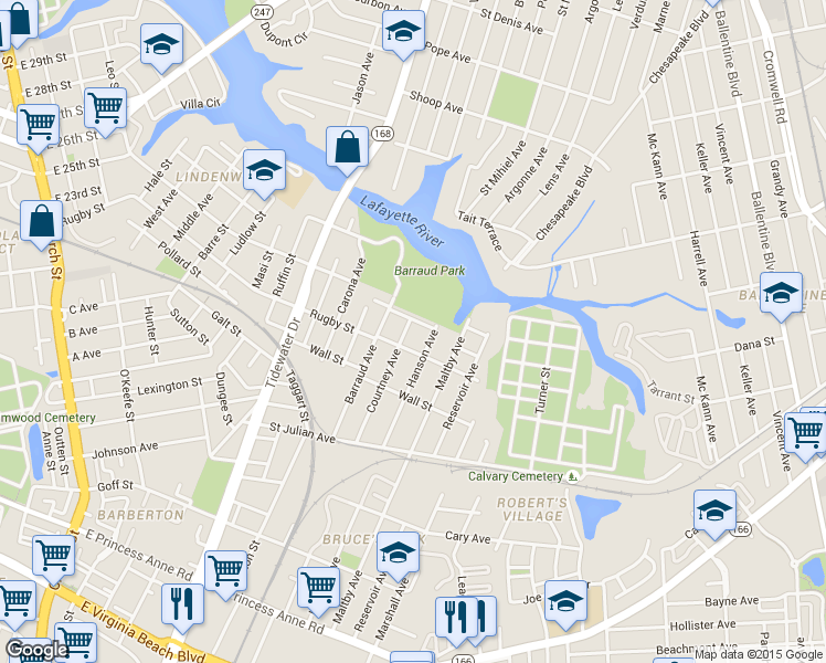 map of restaurants, bars, coffee shops, grocery stores, and more near 2412 Hanson Avenue in Norfolk