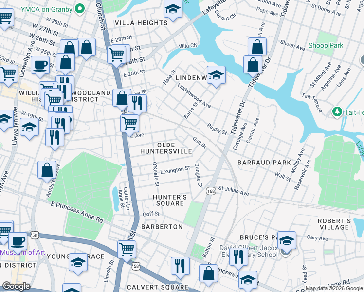 map of restaurants, bars, coffee shops, grocery stores, and more near 947 Sutton Street in Norfolk