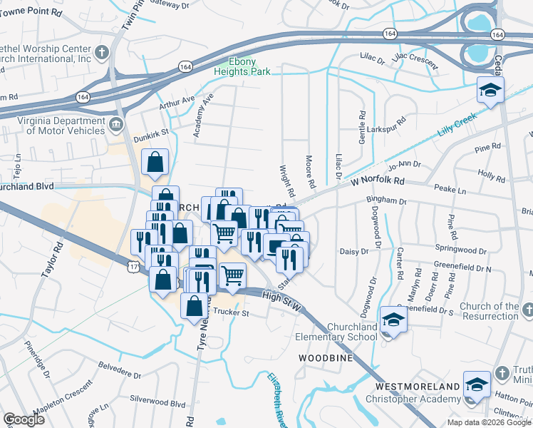map of restaurants, bars, coffee shops, grocery stores, and more near 5717 West Norfolk Road in Portsmouth