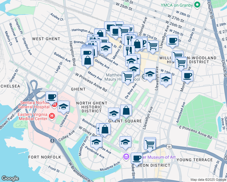 map of restaurants, bars, coffee shops, grocery stores, and more near 1206 Stockley Gardens in Norfolk