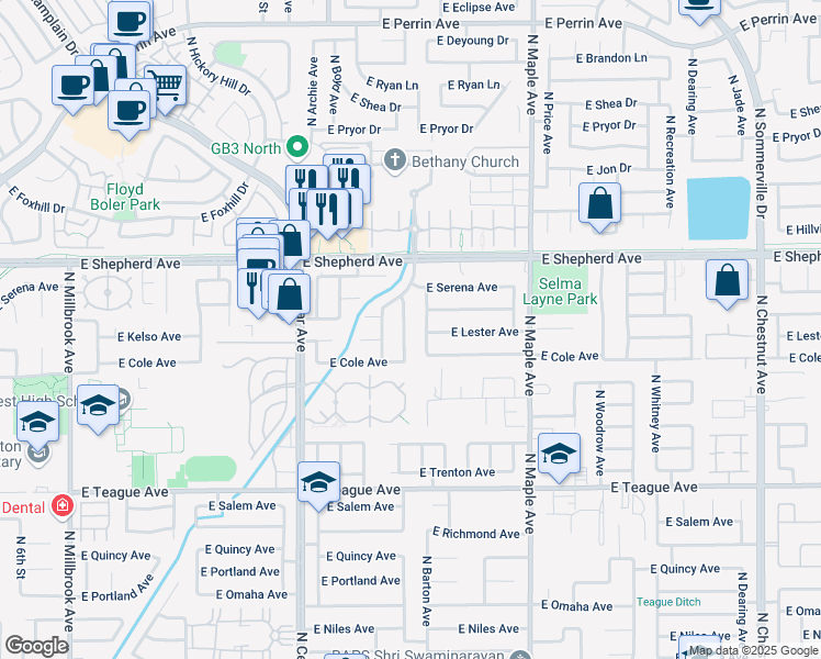map of restaurants, bars, coffee shops, grocery stores, and more near 8816 North Barton Avenue in Fresno