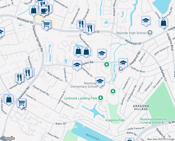map of restaurants, bars, coffee shops, grocery stores, and more near 5432 Woburn Lane in Virginia Beach