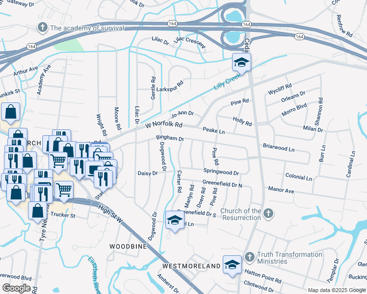 map of restaurants, bars, coffee shops, grocery stores, and more near 3621 Carter Road in Portsmouth