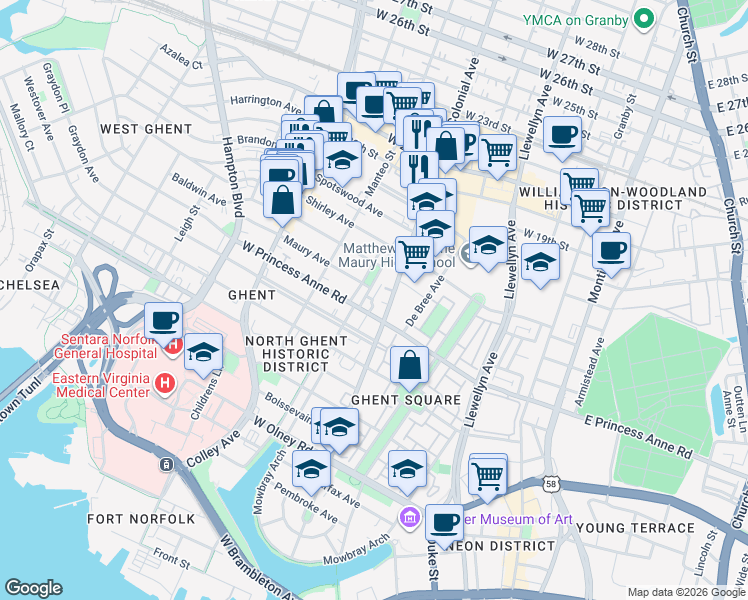 map of restaurants, bars, coffee shops, grocery stores, and more near 1207 Colonial Avenue in Norfolk