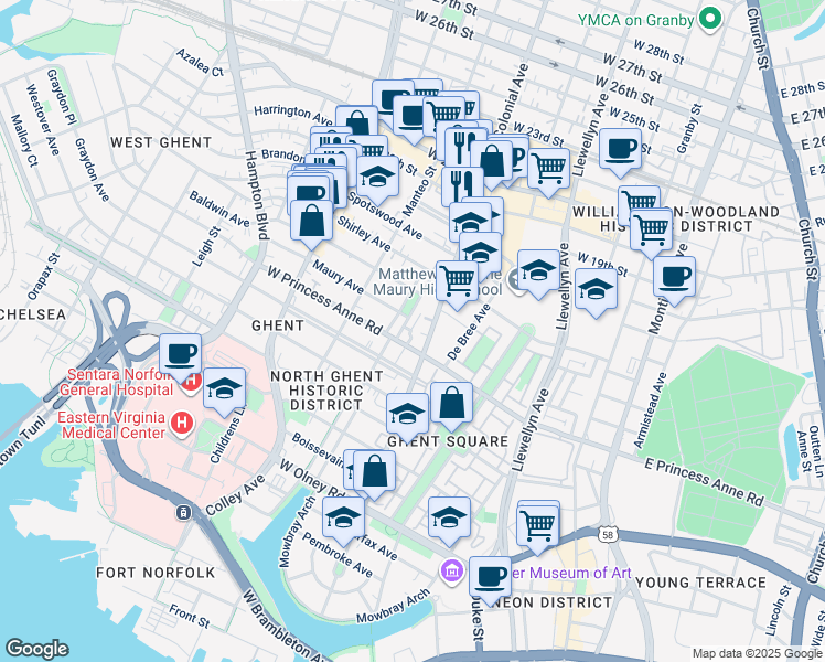 map of restaurants, bars, coffee shops, grocery stores, and more near 1210 Stockley Gardens in Norfolk