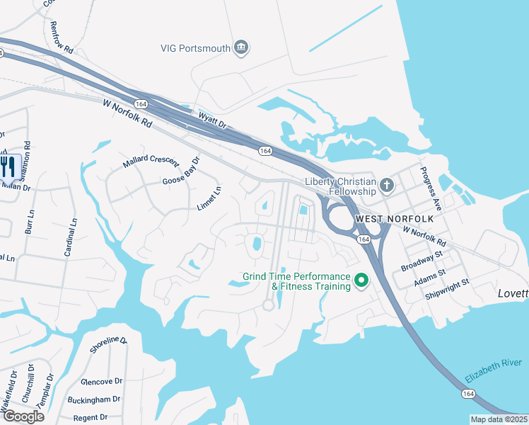 map of restaurants, bars, coffee shops, grocery stores, and more near 4 Centre Port Circle in Portsmouth