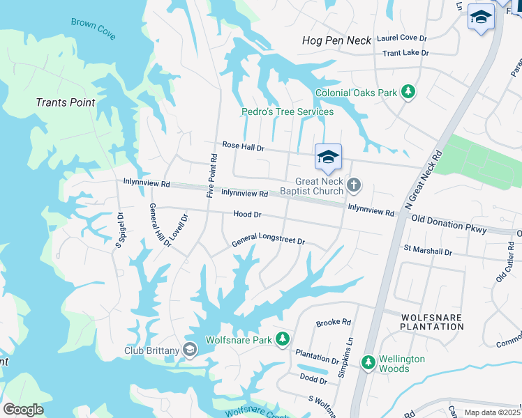 map of restaurants, bars, coffee shops, grocery stores, and more near 2412 Hood Drive in Virginia Beach