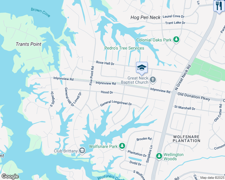 map of restaurants, bars, coffee shops, grocery stores, and more near 2412 Hood Drive in Virginia Beach