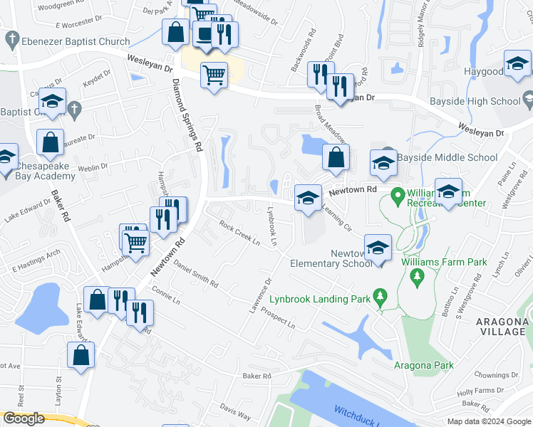 map of restaurants, bars, coffee shops, grocery stores, and more near 5551 Lynbrook Landing in Virginia Beach