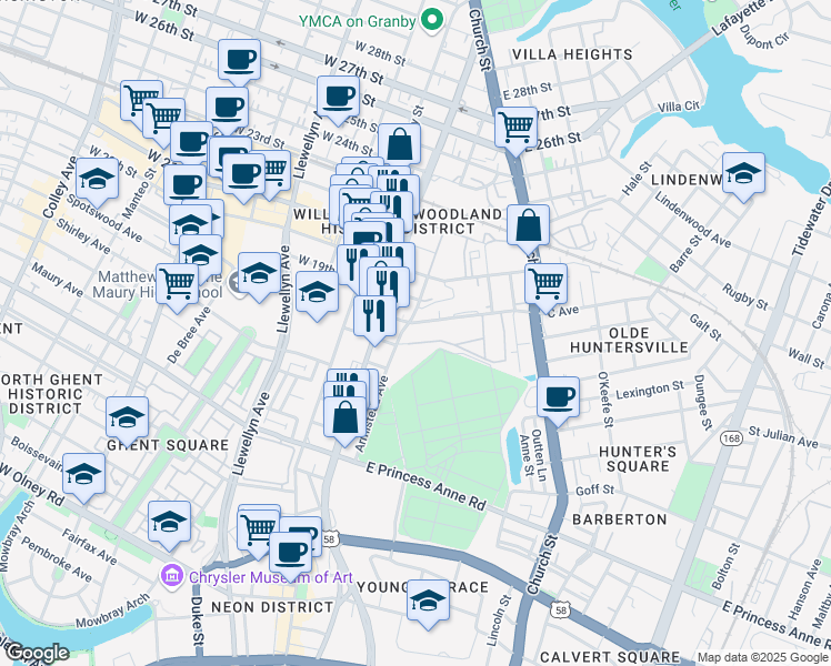 map of restaurants, bars, coffee shops, grocery stores, and more near 509 East 18th Street in Norfolk