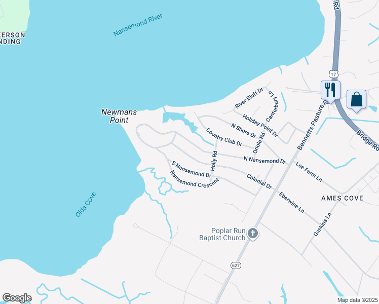 map of restaurants, bars, coffee shops, grocery stores, and more near 2716 Colonial Drive in Suffolk