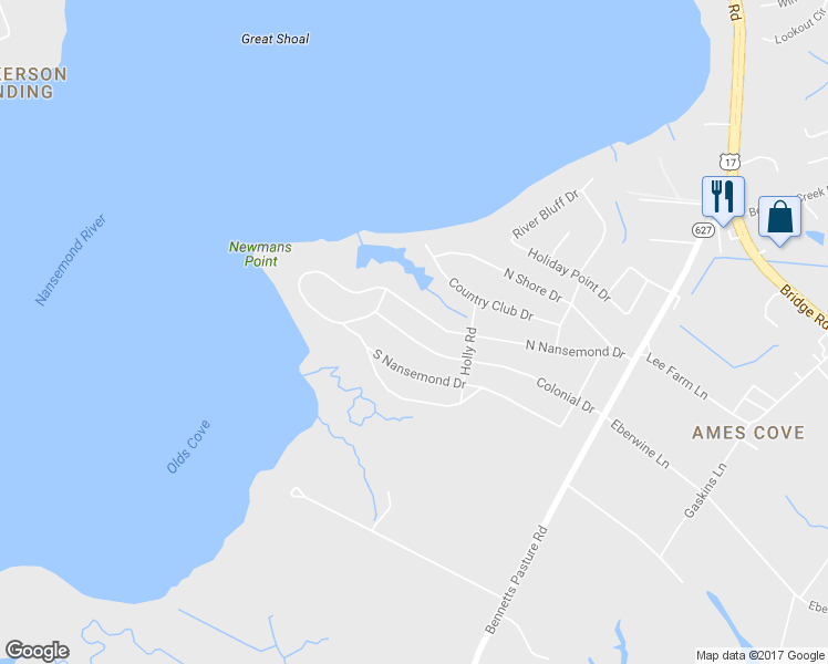 map of restaurants, bars, coffee shops, grocery stores, and more near 2716 Colonial Drive in Suffolk