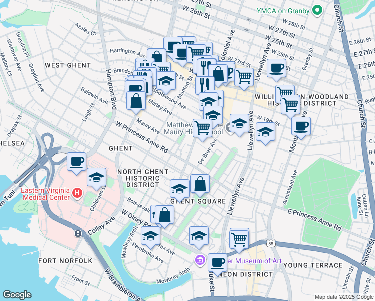 map of restaurants, bars, coffee shops, grocery stores, and more near 1207 Colonial Avenue in Norfolk
