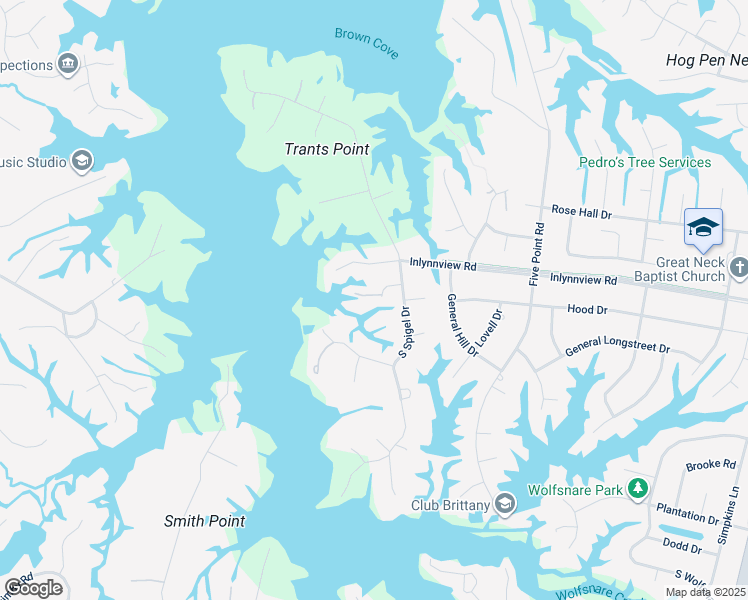 map of restaurants, bars, coffee shops, grocery stores, and more near 2705 Hood Circle in Virginia Beach
