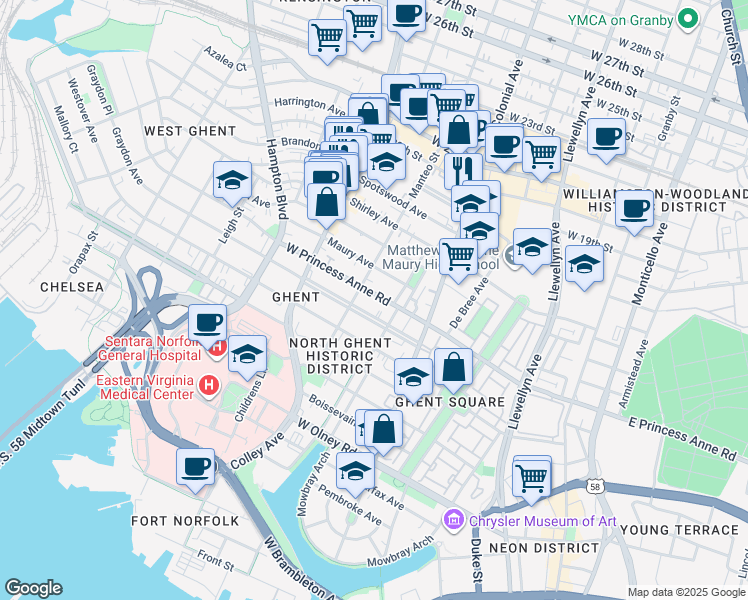 map of restaurants, bars, coffee shops, grocery stores, and more near 604 Graydon Avenue in Norfolk