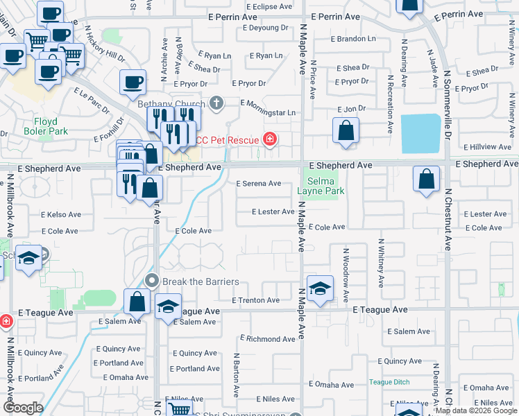 map of restaurants, bars, coffee shops, grocery stores, and more near 1805 East Lester Avenue in Fresno