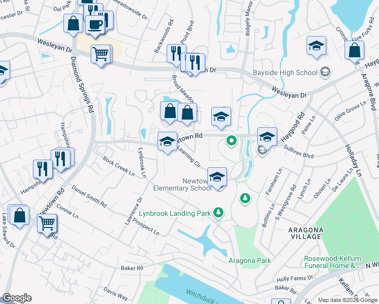map of restaurants, bars, coffee shops, grocery stores, and more near 5432 Woburn Lane in Virginia Beach