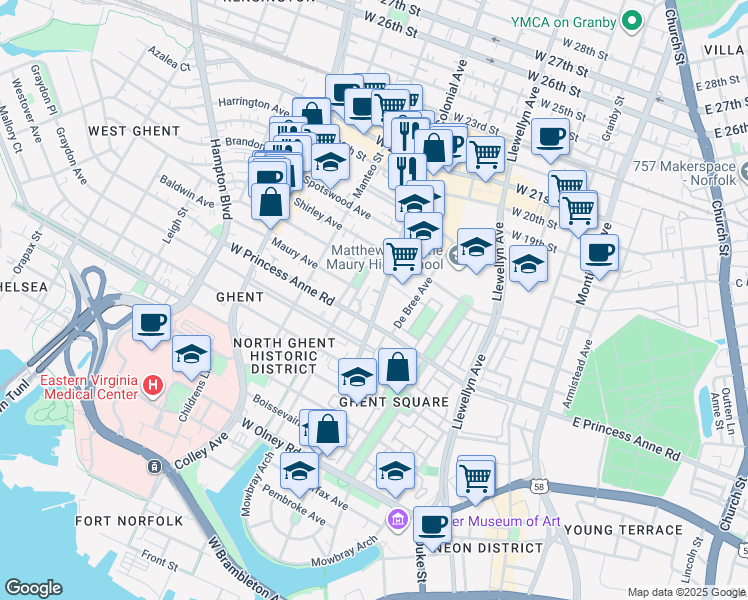map of restaurants, bars, coffee shops, grocery stores, and more near 1207 Colonial Avenue in Norfolk