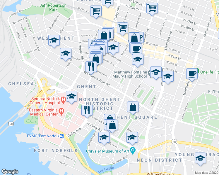 map of restaurants, bars, coffee shops, grocery stores, and more near 604 Graydon Avenue in Norfolk