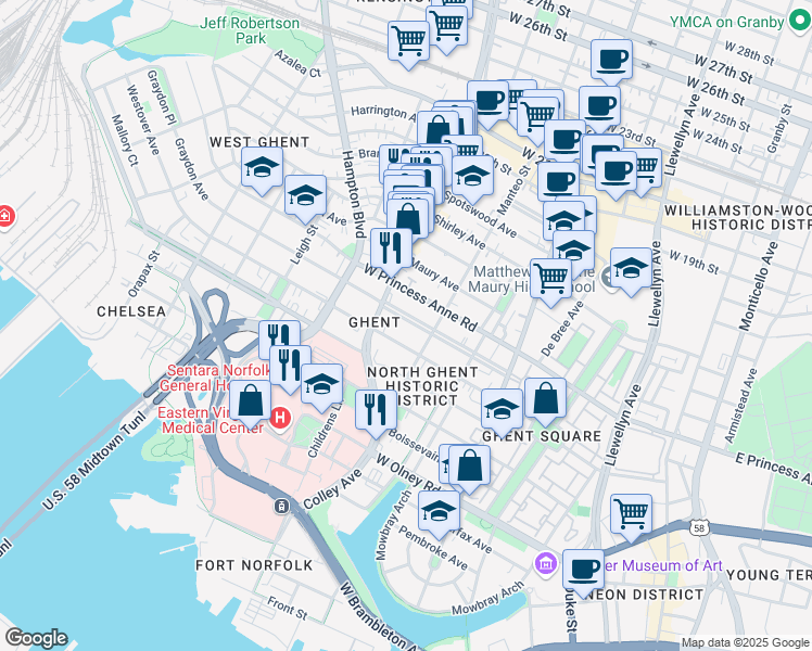 map of restaurants, bars, coffee shops, grocery stores, and more near 726 Westover Avenue in Norfolk