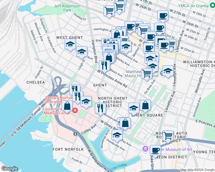 map of restaurants, bars, coffee shops, grocery stores, and more near 726 Westover Avenue in Norfolk