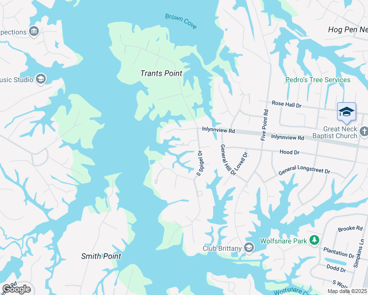 map of restaurants, bars, coffee shops, grocery stores, and more near 2705 Hood Circle in Virginia Beach
