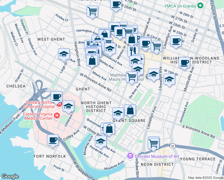 map of restaurants, bars, coffee shops, grocery stores, and more near 610 West Princess Anne Road in Norfolk