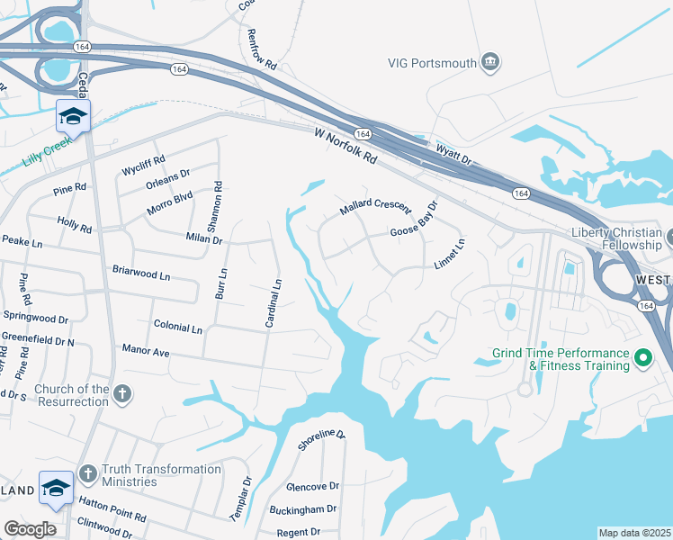 map of restaurants, bars, coffee shops, grocery stores, and more near 4809 Mallard Crescent in Portsmouth