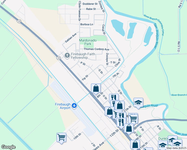 map of restaurants, bars, coffee shops, grocery stores, and more near 500 P Street in Firebaugh