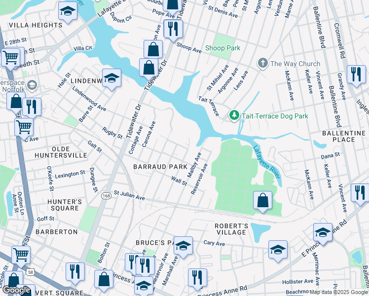 map of restaurants, bars, coffee shops, grocery stores, and more near 2425 Hanson Avenue in Norfolk
