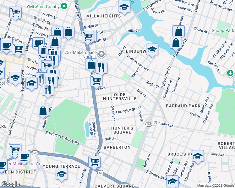map of restaurants, bars, coffee shops, grocery stores, and more near 837 B Avenue in Norfolk
