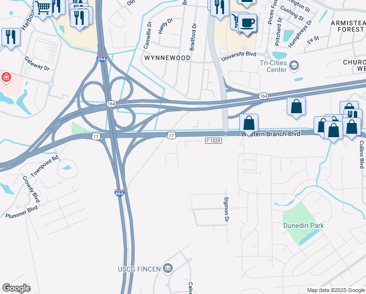 map of restaurants, bars, coffee shops, grocery stores, and more near 5787 Lynn Drive in Suffolk