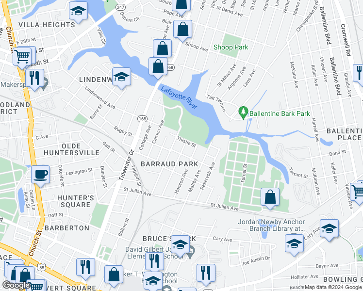 map of restaurants, bars, coffee shops, grocery stores, and more near 2415 Courtney Avenue in Norfolk