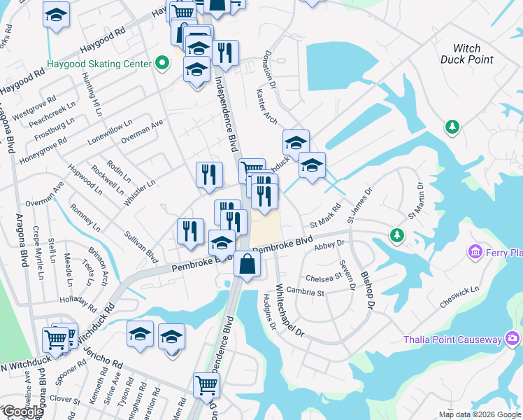 map of restaurants, bars, coffee shops, grocery stores, and more near 748 Independence Boulevard in Virginia Beach
