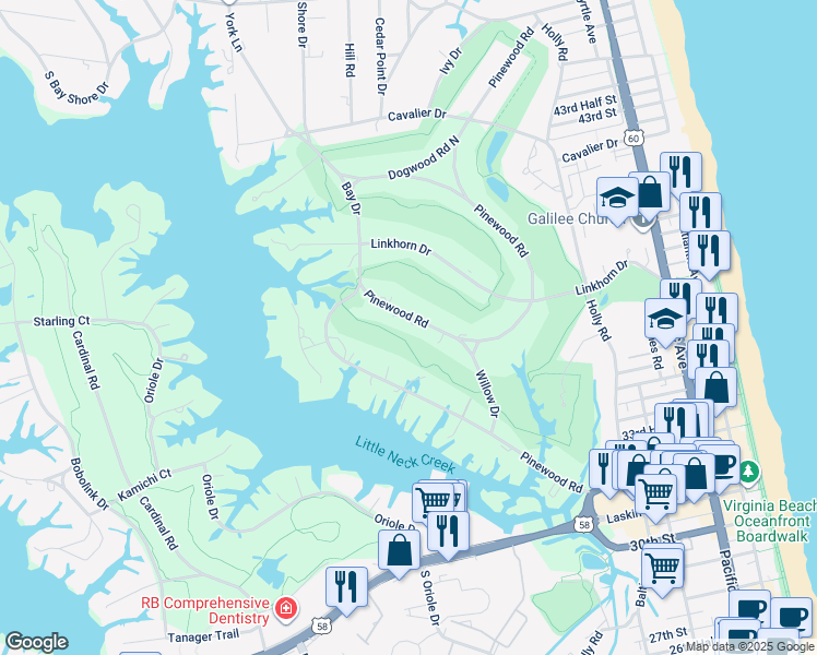 map of restaurants, bars, coffee shops, grocery stores, and more near 142 Pinewood Road in Virginia Beach
