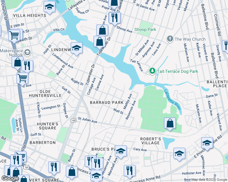 map of restaurants, bars, coffee shops, grocery stores, and more near 2415 Courtney Avenue in Norfolk