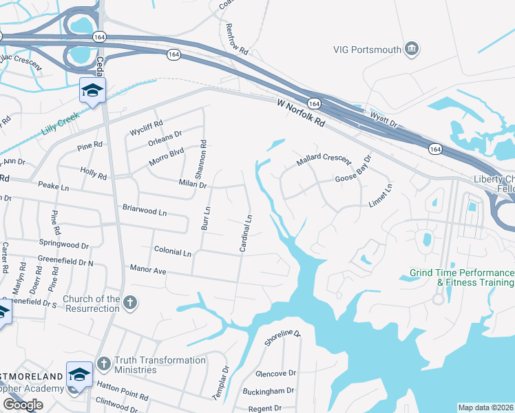 map of restaurants, bars, coffee shops, grocery stores, and more near 3720 Cardinal Lane in Portsmouth