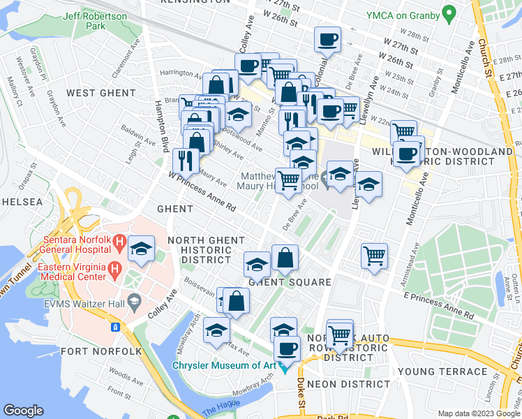 map of restaurants, bars, coffee shops, grocery stores, and more near 1207 Colonial Avenue in Norfolk