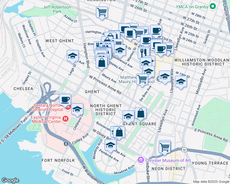 map of restaurants, bars, coffee shops, grocery stores, and more near 625 West Princess Anne Road in Norfolk