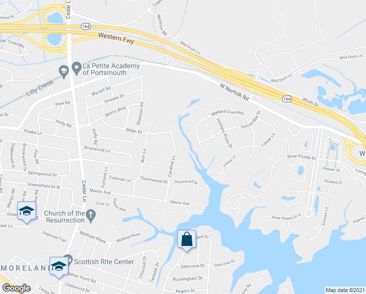 map of restaurants, bars, coffee shops, grocery stores, and more near 3720 Cardinal Lane in Portsmouth
