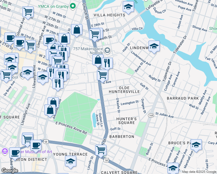map of restaurants, bars, coffee shops, grocery stores, and more near 738 B Avenue in Norfolk